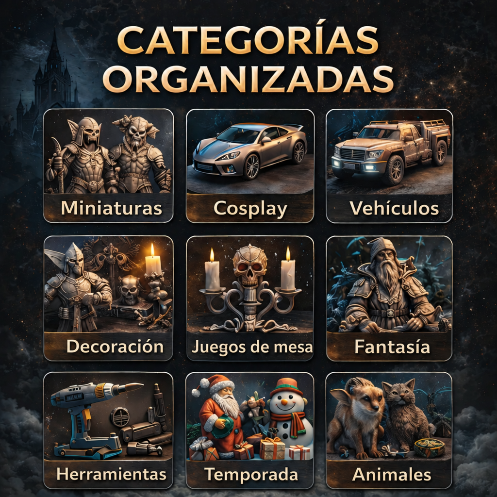 Categorías organizadas: miniaturas, cosplay, vehículos, decoración, juegos de mesa, fantasía, herramientas, temporada y animales
