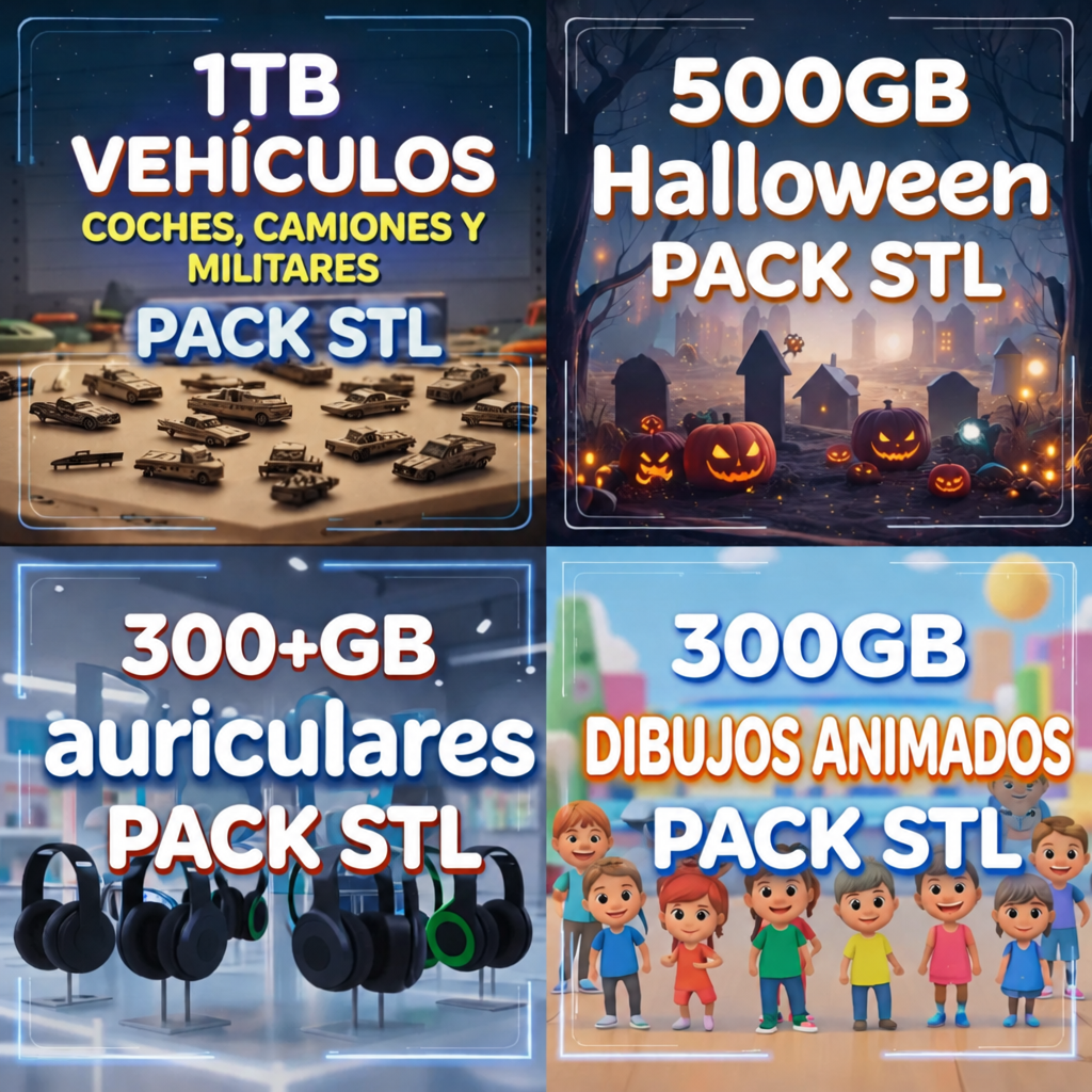 Packs STL de vehículos, Halloween, auriculares y dibujos animados