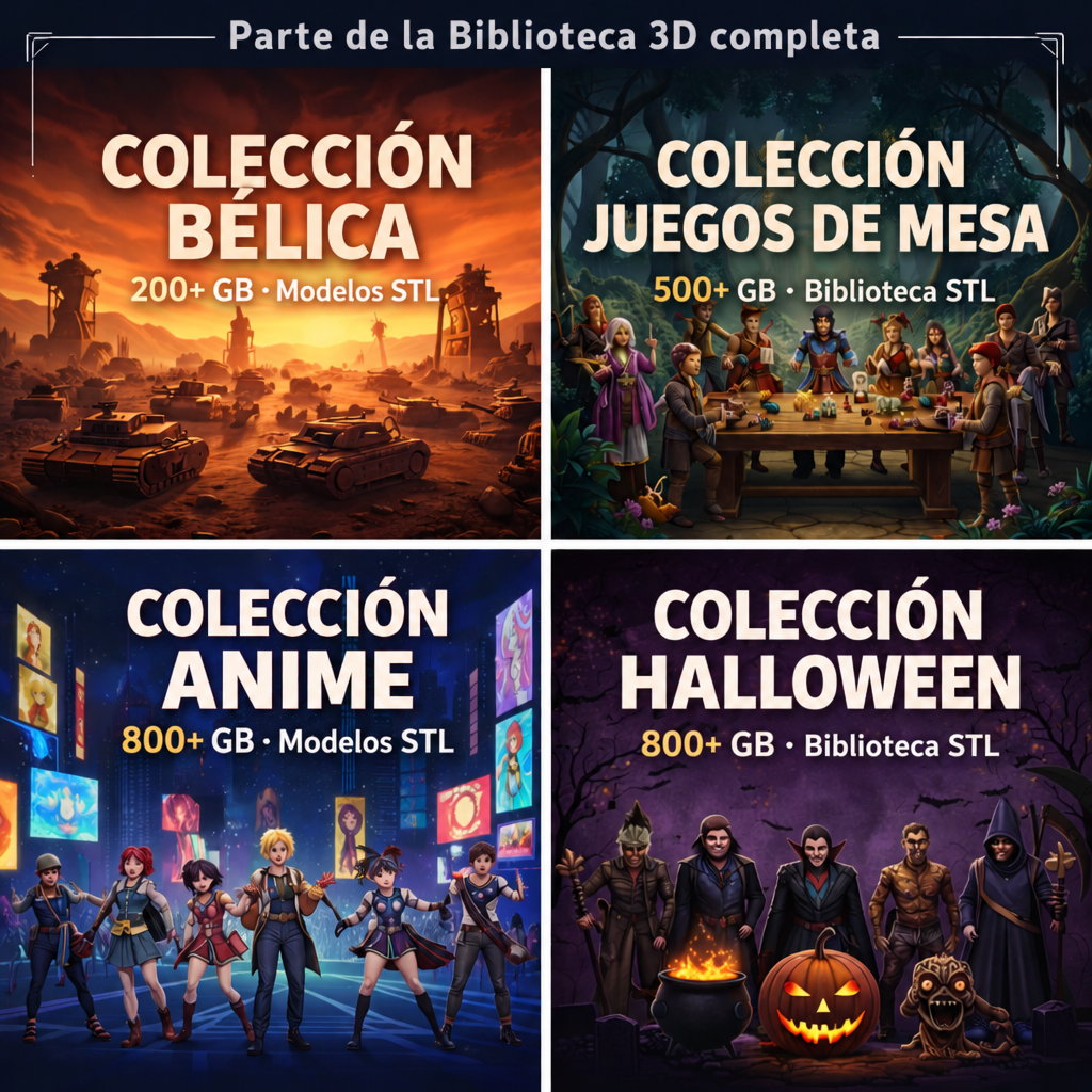 Colecciones bélica, juegos de mesa, anime y Halloween de la Biblioteca 3D completa