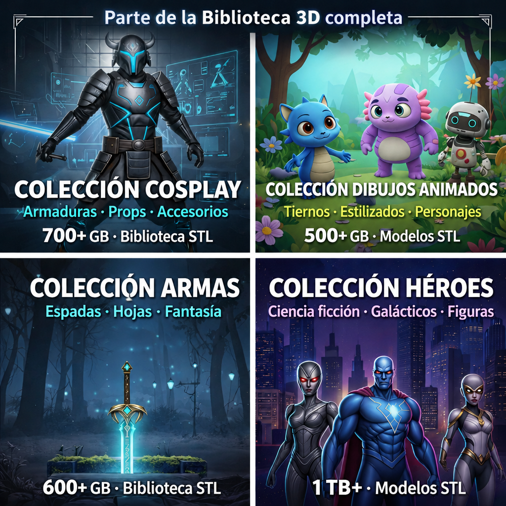 Colecciones de cosplay, dibujos animados, armas y héroes de la Biblioteca 3D completa