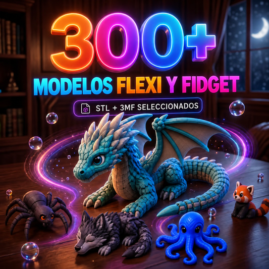 Ilustración del pack de 300+ modelos Flexi y Fidget; archivos STL y 3MF seleccionados